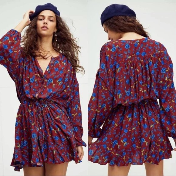 Free People Flower Fields Mini Dress in Burgundy Combo - Picture 1 of 16